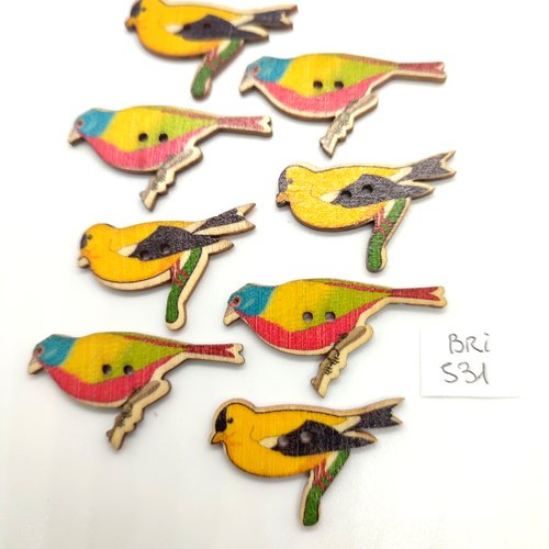 8 boutons fantaisie en bois multicolore des oiseaux - 21x40mm - bri531
