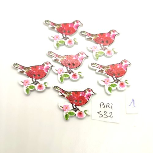 6 boutons fantaisie en bois multicolore des oiseaux - 23x31mm - bri532
