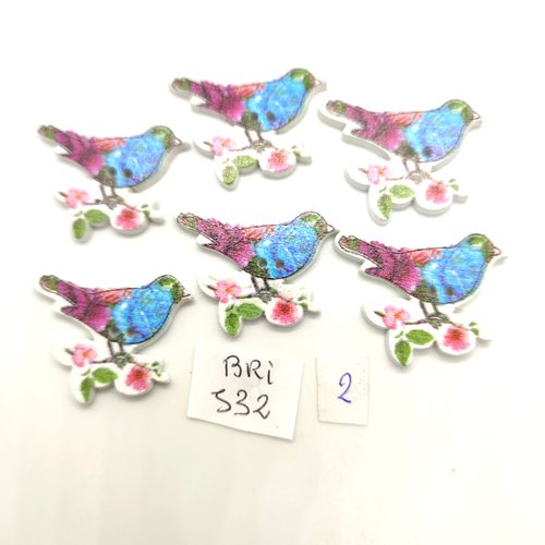 6 boutons fantaisie en bois multicolore des oiseaux - 23x31mm - bri532