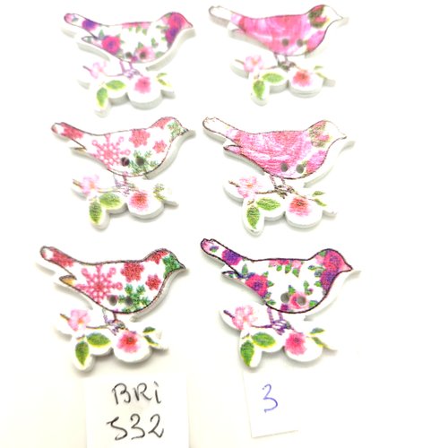 6 boutons fantaisie en bois multicolore des oiseaux - 23x31mm - bri532