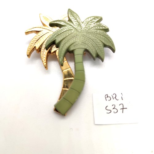1 broche fantaisie en résine vert et or et métal doré un palmier - 43x48mm - bri537