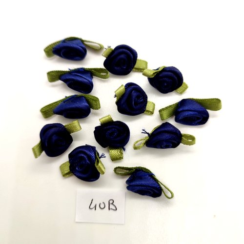 12 attaches tissu bleu foncé et vert une fleur à coudre - 10x25mm - 40b