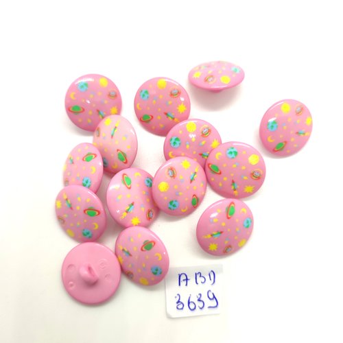 14 boutons fantaisie en résine rose et multicolore - 15mm - abd3639