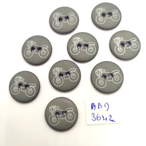 9 boutons fantaisie en résine gris - une moto blanche - 18mm - abd3642