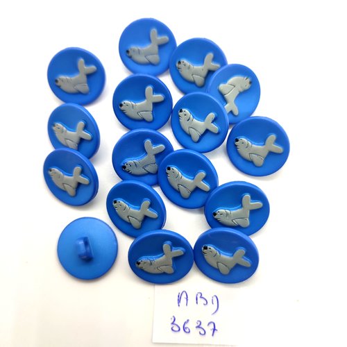 16 boutons fantaisie en résine bleu et gris (un phoque) - 18mm - abd3637
