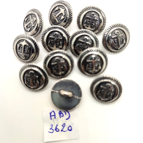 12 boutons en métal argenté - une ancre - 14mm - abd3620
