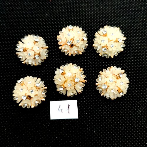 6 boutons en métal doré fleur ivoire et strass - 20mm - 41b