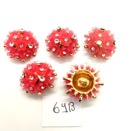5 boutons en métal doré fleur rose et strass - 20mm - 69b
