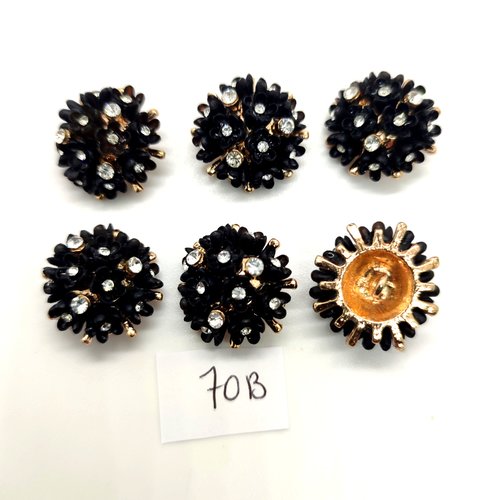 6 boutons en métal doré fleur noir et strass - 20mm - 70b