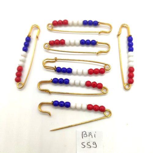 7 broches métal doré et perles bleu blanc et rouge - 10x46mm - bri559