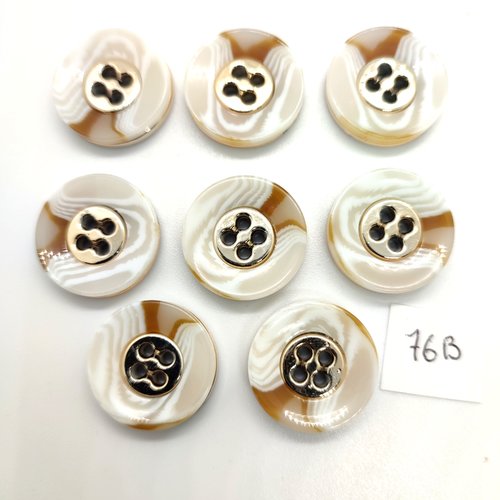 8 boutons en résine blanc et doré - 22mm - 76b
