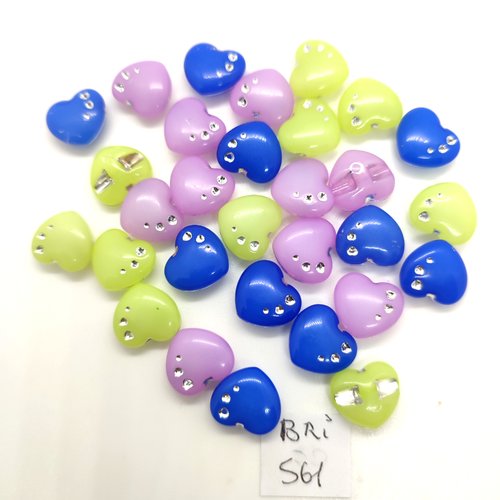 30 boutons en résine bleu jaune et lilas des coeurs - 13mm - bri561
