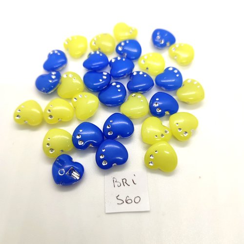 30 boutons en résine bleu et jaune des coeurs - 13mm - bri560