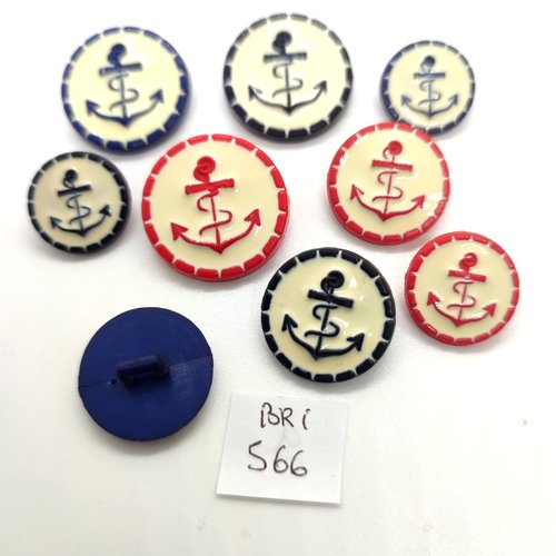 9 boutons fantaisie en résine - une ancre - rouge et bleu foncé - 23mm - 16mm et 19mm - bri566