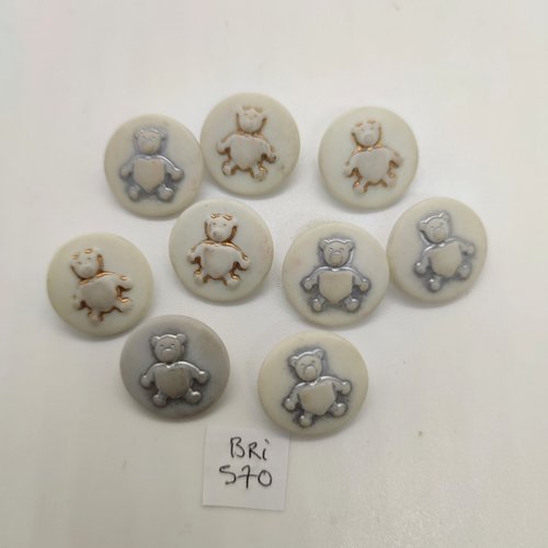 9 boutons fantaisie en résine - ours blanc gris et doré - vintage - 18mm - bri570