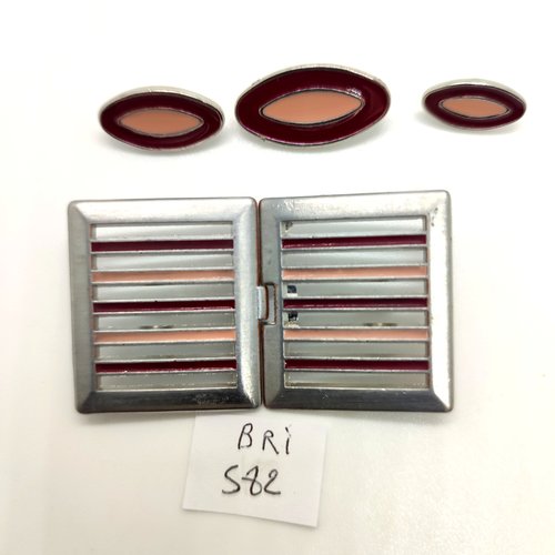 3 boutons + 1 boucle de ceinture fermé 30x53mm - bordeaux et rose - 12x23mm - 10x19mm et 8x10mm - bri582
