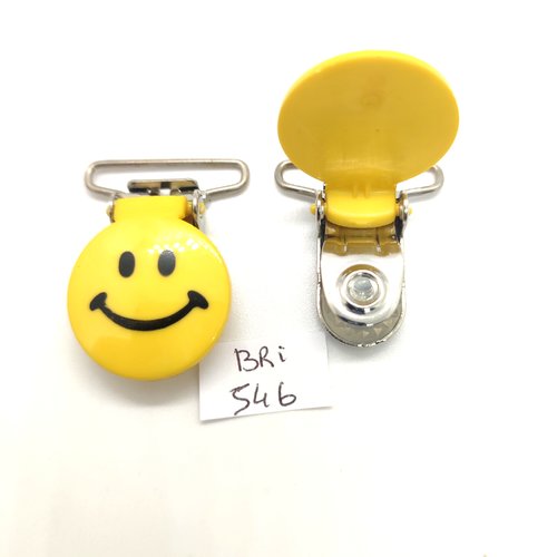 2 attaches en résine noir et jaune - smiley - fermé 39mm - bri540