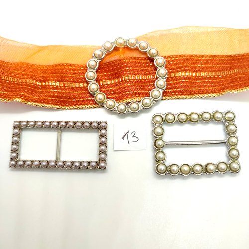 3 boucles de ceinture en métal argenté + perles -  25x50mm - 33x43mm - 44mm