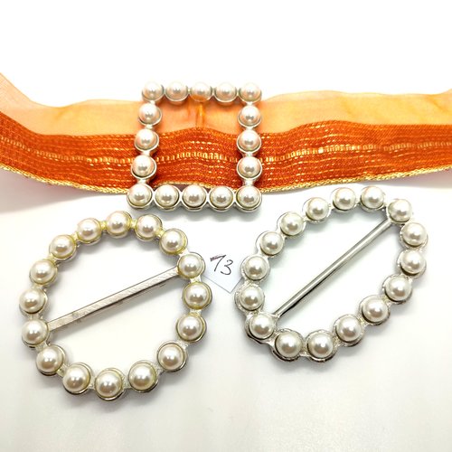 3 boucles de ceinture en métal argenté + perles - 47x49mm - 47x73mm et 63mm