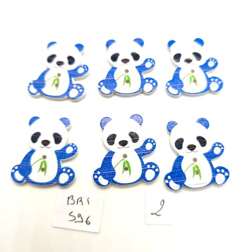 6 boutons fantaisie en bois bleu et blanc - un pandas - 26x28mm - bri596