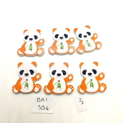 6 boutons fantaisie en bois orange et blanc - un pandas - 26x28mm - bri596