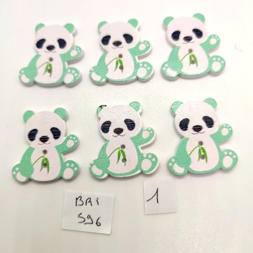 6 boutons fantaisie en bois vert d'eau et blanc - un pandas - 26x28mm - bri596