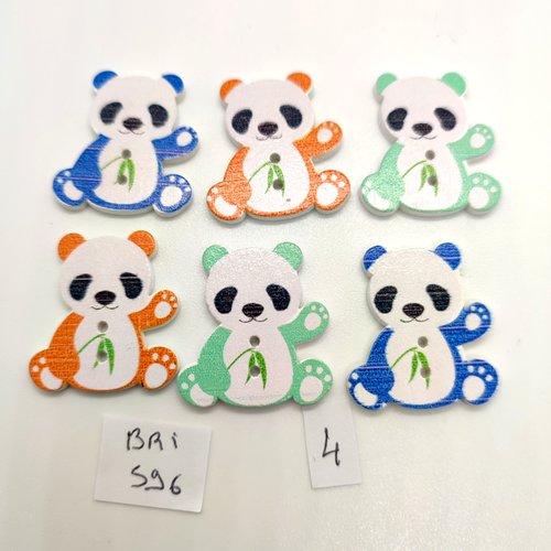 6 boutons fantaisie en bois multicolore et blanc - un pandas - 26x28mm - bri596