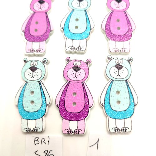 6 boutons fantaisie en bois lilas et bleu - un ours - 20x41mm - bri586