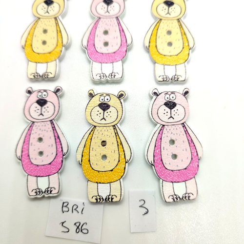 6 boutons fantaisie en bois rose et jaune - un ours - 20x41mm - bri586