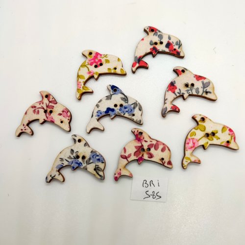 8 boutons fantaisie en bois multicolore - un dauphin - 27x30mm - bri585