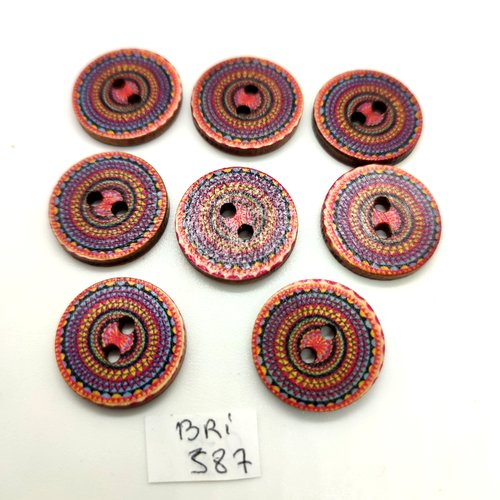 8 boutons en bois fantaisie multicolore - 20mm - bri587