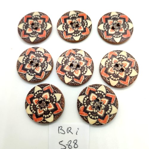 8 boutons en bois fantaisie multicolore - 20mm - bri588