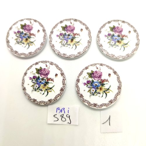 5 boutons en bois fantaisie multicolore - des fleurs - 25mm - bri589