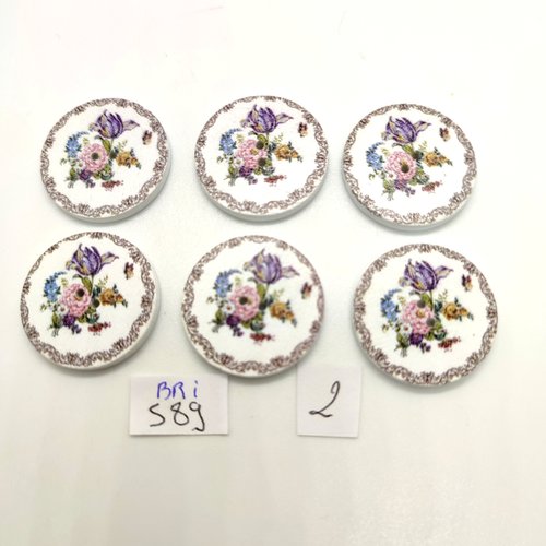 6 boutons en bois fantaisie multicolore - des fleurs - 25mm - bri589