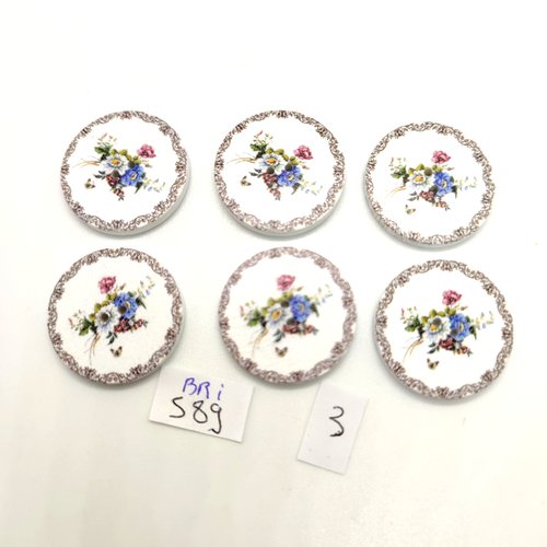 6 boutons en bois fantaisie multicolore - des fleurs - 25mm - bri589