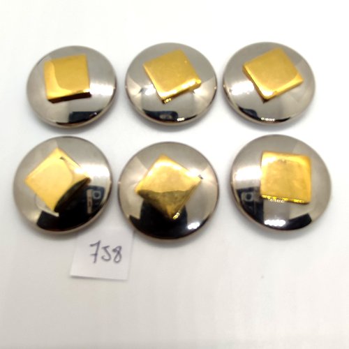 6 boutons en métal doré et argenté - 28mm - 758bis