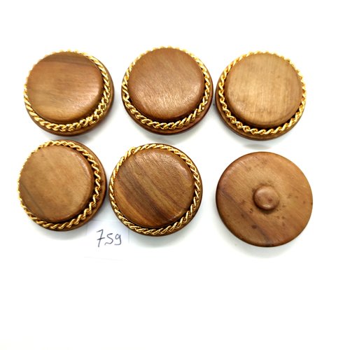 6 boutons en bois peint marron avec une petite chaine doré - 34mm - 759bis