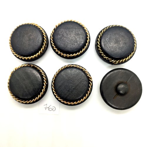 6 boutons en bois peint bleu foncé avec une petite chaine doré - 34mm - 760bis