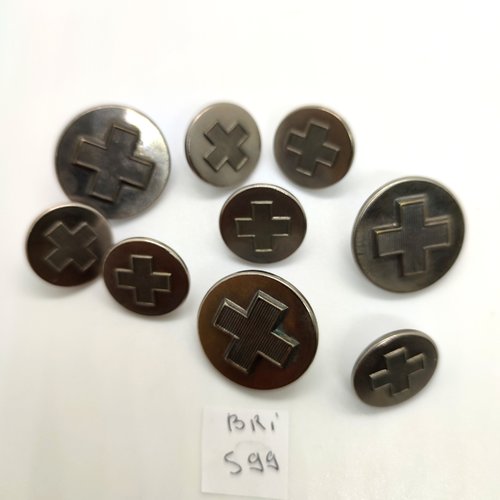 9 boutons en métal argenté - 23mm et 17mm - bri599