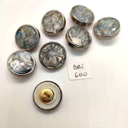 8 boutons en résine gris / bleu et métal argenté - 19mm - bri600
