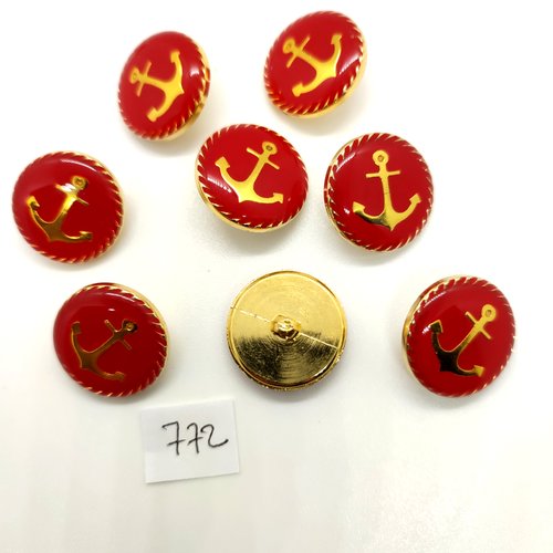 8 boutons en résine rouge et doré - une ancre - 21mm - 772bis