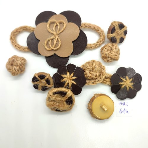 4 boutons et 2 brandebourgs en cuir et corde marron et beige - fleur - bri614
