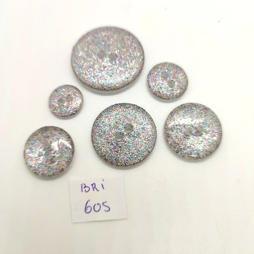 6 boutons gris moucheté  - taille diverse - bri605