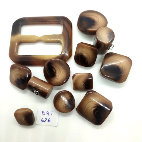 11 boutons - 1 boucle de ceinture - marron et beige - taille diverse - bri628