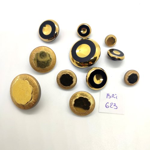11 boutons en métal doré et noir - entre 9mm et 23mm - bri623