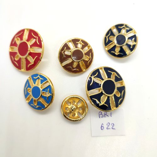 6 boutons en métal doré et multicolore - 26mm - 21mm et 15mm - bri622