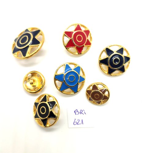 7 boutons en métal doré et multicolore - 25mm - 20mm et 15mm - bri621