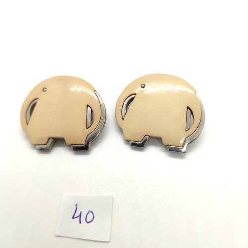 2 broches métal argenté et résine beige - éléphant - 30x35mm