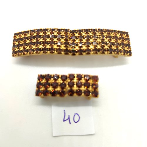 2 boucles de ceinture en métal doré et strass marron - 10x26mm et 13x57mm
