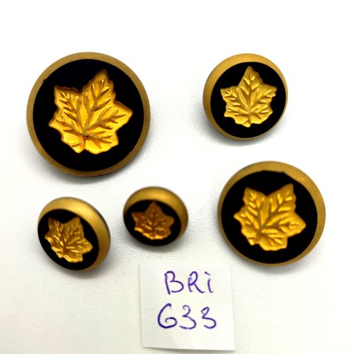 5 boutons en résine doré et noir - feuille - taille diverse - bri633